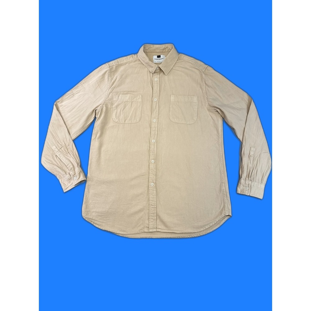 TOPMAN Button Down Shirt Mens XL Beige Cotton Long Sleeve Collared Pockets Gray